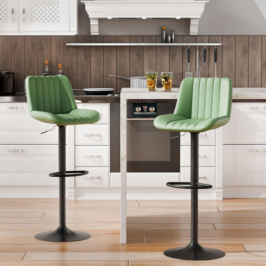 Shintenchi Swivel Bar Stools Set of 2, Adjustable Faux Leather Upholstered Swivel Counter Stools, Armless Bar Height Island Chairs with Back and Footrest, Green