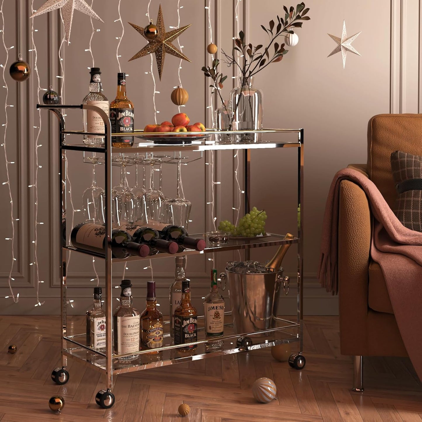 Bar Cart Silver, Home Bar Serving Cart, Modern Bar Cart with 3-Tier, Mobile Kitchen Shelf with Wine Rack and Glass Holder, Bar Carts for The Home, Dining Room, Living Room