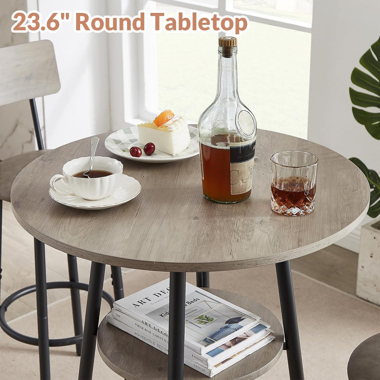 3 Pieces Round Bar Table Set, Small Dining Table for 2, Breakfast Table with Storage, Modern Kitchen Bar Table, 2 Upholstered Stools with Backrest for Kitchen, Dining Room & Bistro-Grey