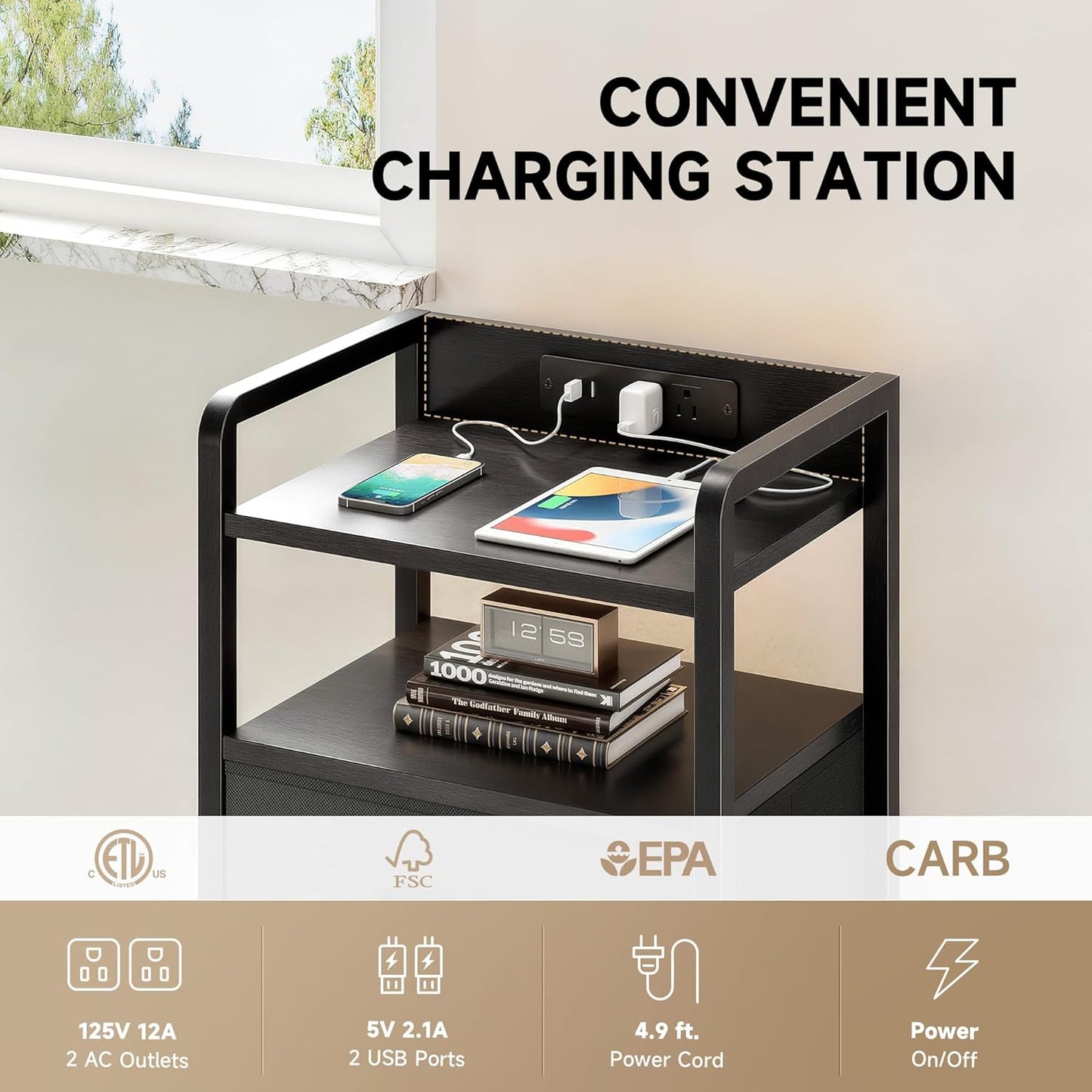 Night Stand Bedside Table Bedroom - Tall Nightstand with Charging Station & LED Light Strip, Bed Side Table with Storage Shelf & 4 Fabric Drawers, 2 U-S-B Ports & 2 AC Outlets