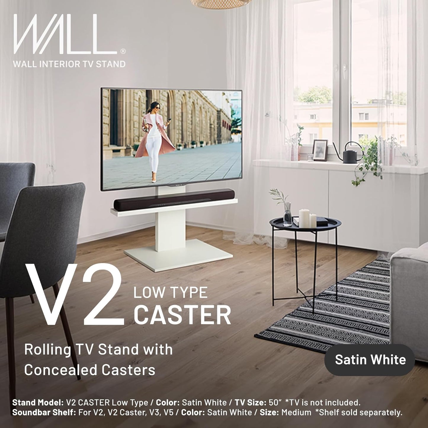 WALL V2 Caster Low Type | Minimalist Rolling TV Stand for 32–60 Inch | Satin White | Portable, Space Saving, Height Adjustable, No Drill | for Living Room and Bedroom | Japanese Design & Engineering