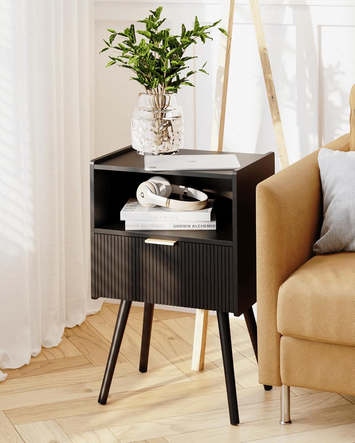 Black Nightstand,Modern Bedside Table with Storage Drawer and Open Wood Shelf, for Living Room, Bedroom and Small Spaces, Accent Night Stand with Solid Wood Legs, Easy Assembly,Classic Black