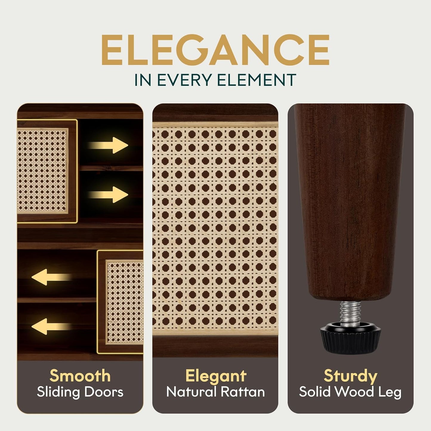 Bme Oliver TV Stand for TVs up to 55", Mid-Century Solid Wood TV Console with Natural Rattan Door, Media TV Console, Entertainment Center with Storage, Fluted Media Cabinet for Living Room, Walnut