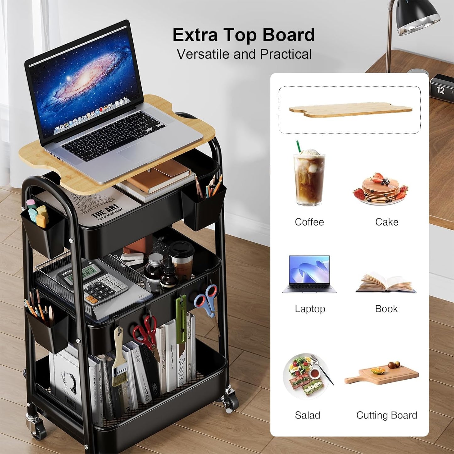 3 Tier Metal Rolling Cart with Wheels and Wooden Table Top, Three Tiered Craft Cart Organizer on Wheels, Black Storage Utility Carts for Art, Diaper Caddy, Baby Nursery, Office, Laundry, Snack, Book