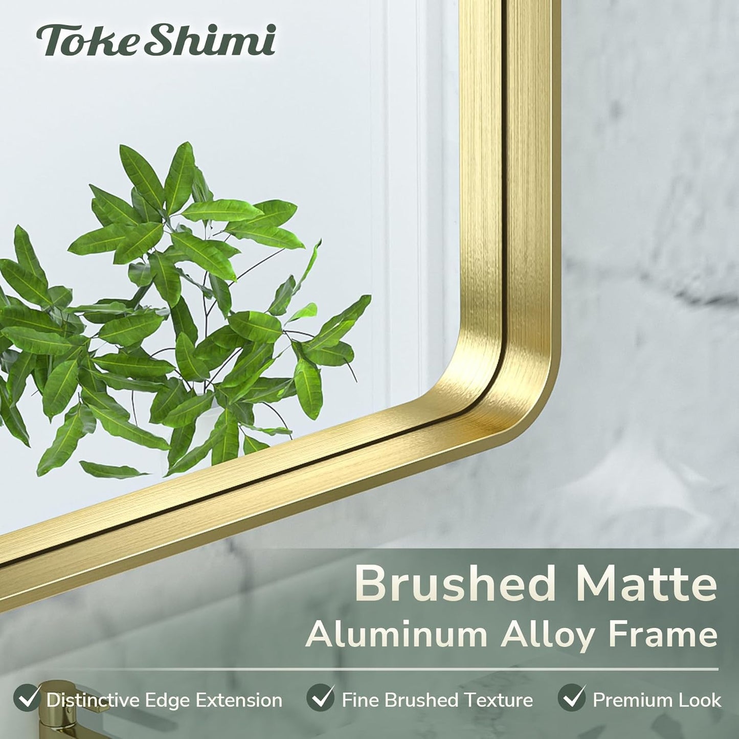 TokeShimi Gold Bathroom Mirror for Wall 42x36 Inch Rounded Corner Rectangle in Aluminum Alloy Brass Metal Frame Deep Set Design Hangs Horizontal Or Vertical Farmhouse