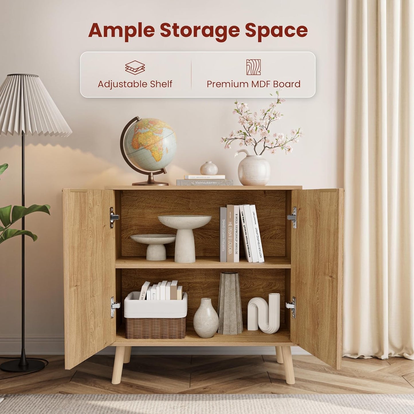 Pamapic Fluted Storage Cabinet, Sideboard Buffet Cabinet with Storage, Buffet Sideboard, Console Table, Credenza, Wood Modular Organizer with Doors & Shelf（Oak）