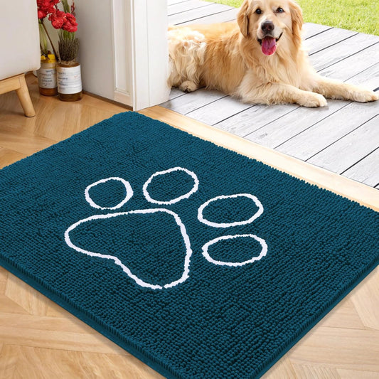 OLANLY Door Mat for Muddy Dog Paws 40x32, Absorbent Chenille Mud Doormat with Paw Print Design, Non-Slip Washable Doormat for Indoor Entryway, Quick-Dry Pet Bed Mats for Dirty Dogs, Atlantic Blue