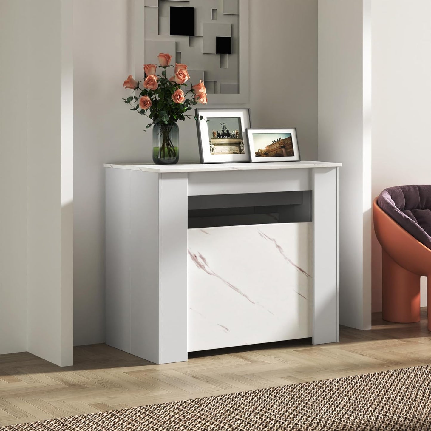 KEIKI 20”-118.5”L Extendable Foldable Dining Room Table for 1-10 People, Wood Modern Rustic Rectangle Expandable Kitchen Living Meeting Room Furniture, 6 Tabletop Length Options, Marble White