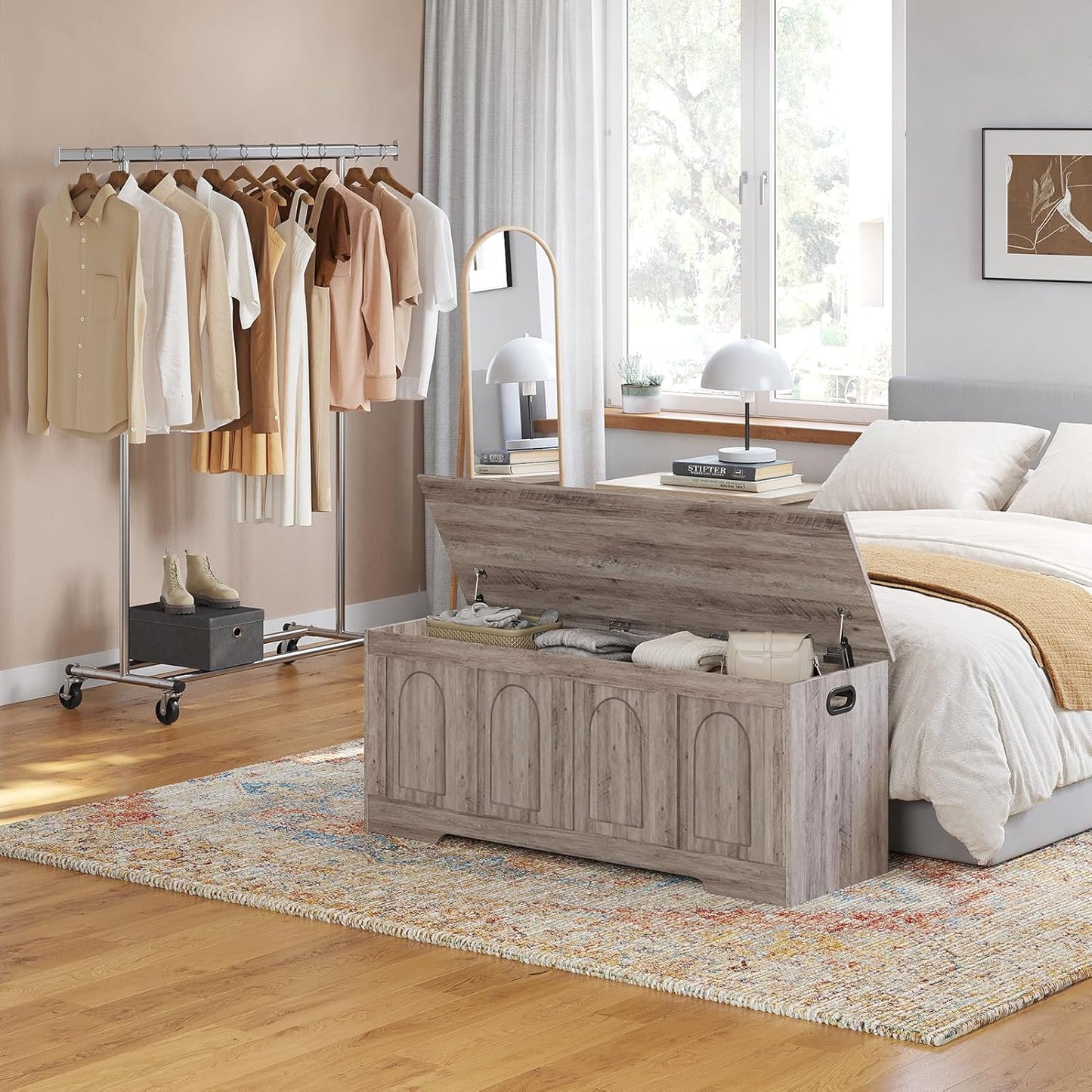 DINZI LVJ Storage Chest, 47.2”Wooden Storage Box with 2 Safety Hinges, Entryway Storage Bench with Flip-Top, Large Trunk for Living Room, Bedroom, Easy Assembly, Greige