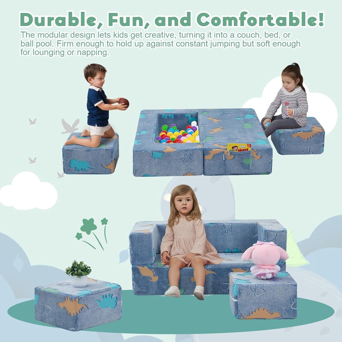 MeMoreCool Modular Kids Couch Dinosaur, Glow Dino Play Toddler Couch for Bedroom, Convertible Foam Kids Sofa Bed, Fold Out Baby Sofa for Girl Boy