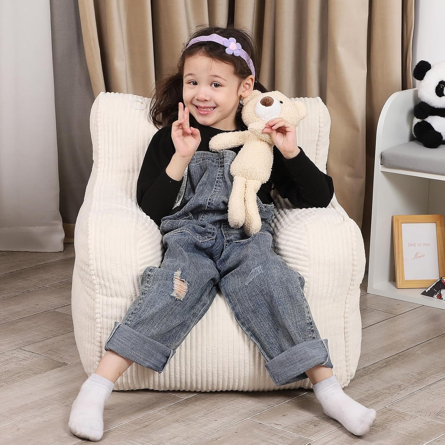 Kids Bean Bag Chair with a Plush Bear, Comfy Toddler Chair for Boys and Girls, Beige