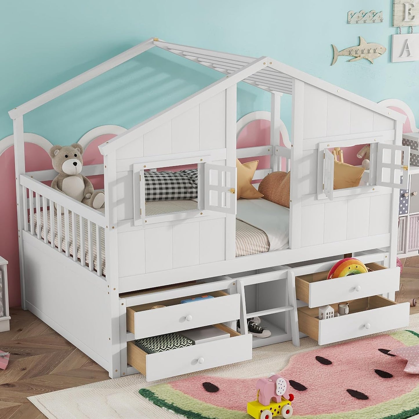 KEIKI Full Size Wooden House-Shaped Loft Bed with Roof, Windows, 4 Storage Drawers, Guardrail, Ladder, for Boys and Girls, Loft Bed with Slat, Easy Assembly, No Box Spring Required, for Bedroom, White