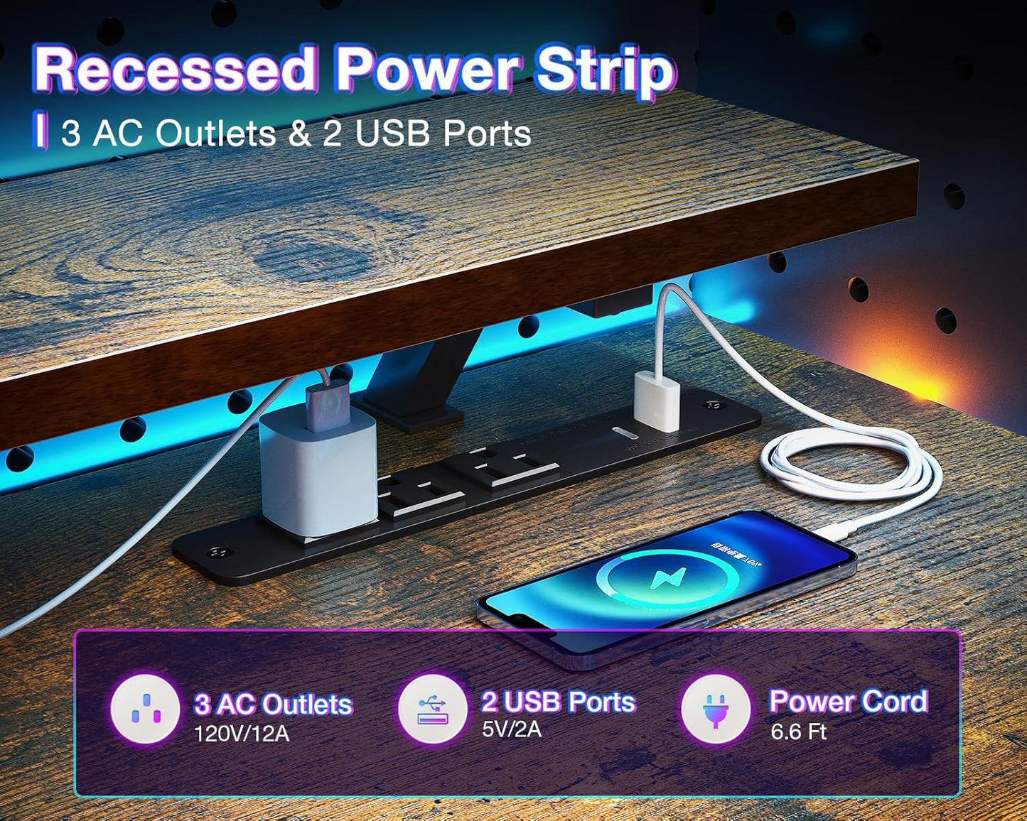 ODK Reversible Gaming Desk with Power Outlets and LED Lights, 48 Inch Computer Desk with Storage Shelves and Monitor Stand, Modern Writing Study Desk for Home Office, Rustic Brown