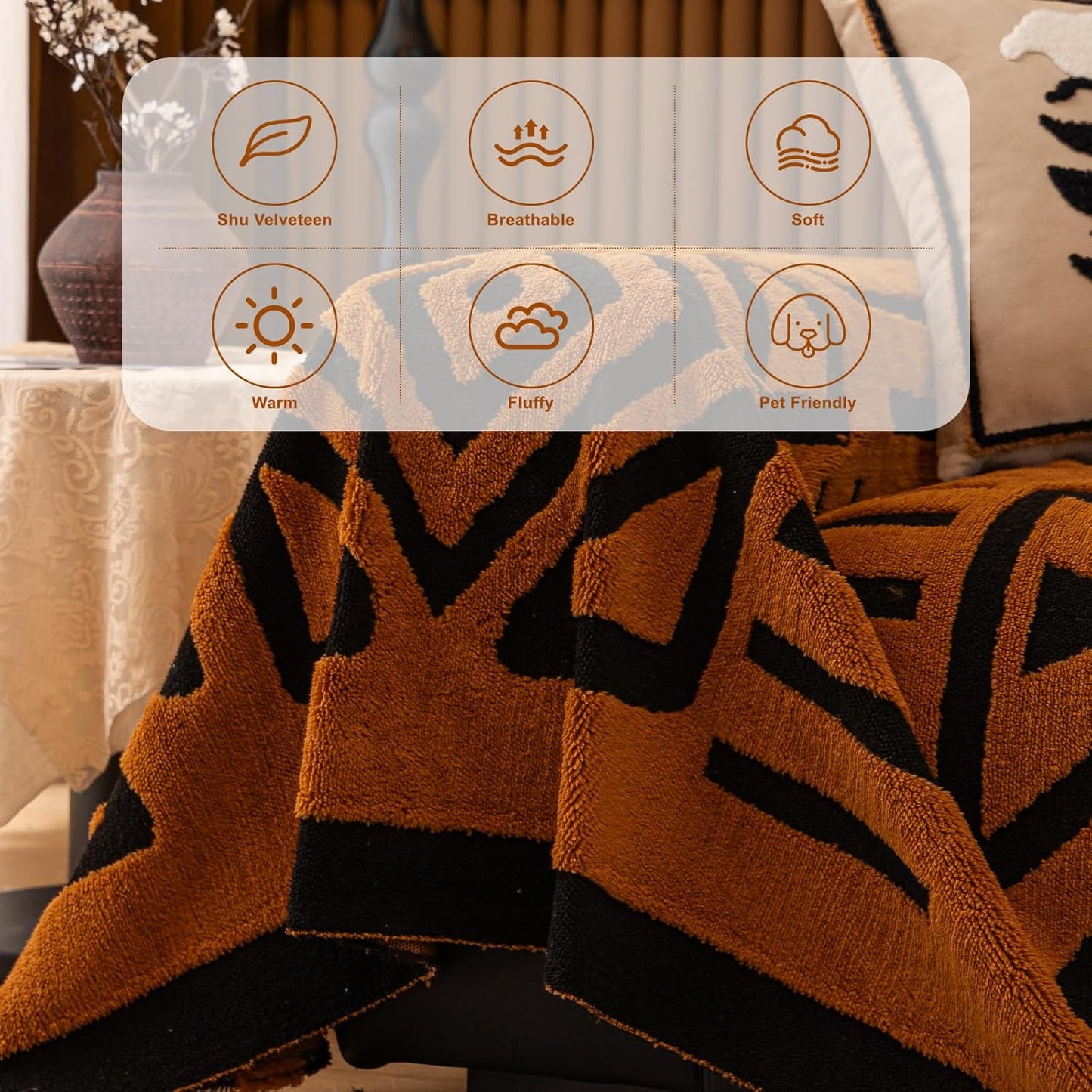 HANDONTIME Sofa Covers for Couch Pet-Friendly Caramel Black Couch Cover for Dogs Shu Velveteen Short Plush Sofa Covers for 3 Cushion Couch Boho Brunt Orange Furniture Protector Washable, 71" X118"