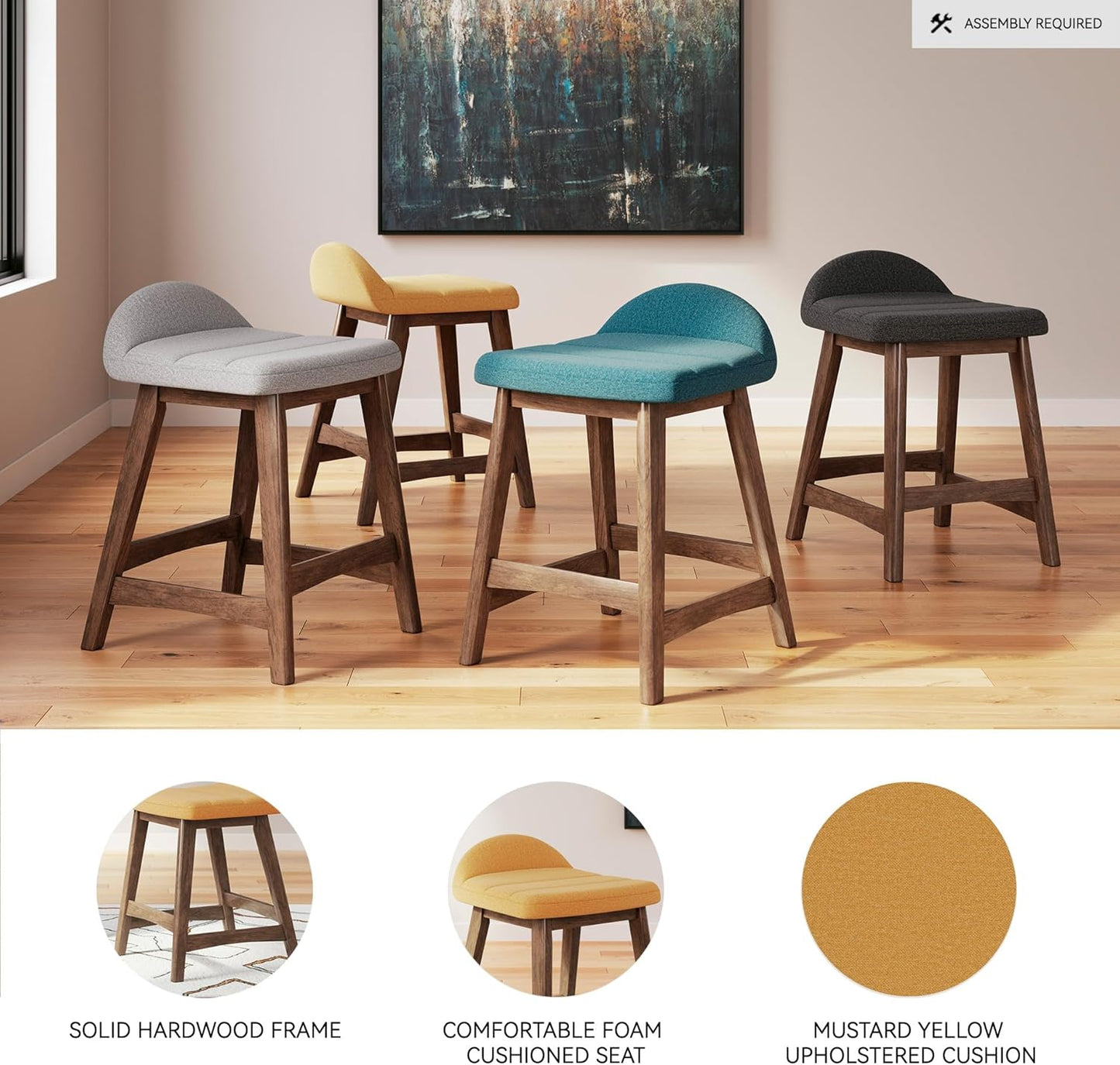 Signature Design by Ashley Lyncott Contemporary 28.5" Counter Height Upholstered Bar Stool with Foam Cushion, 2 Count, Mustard & Brown