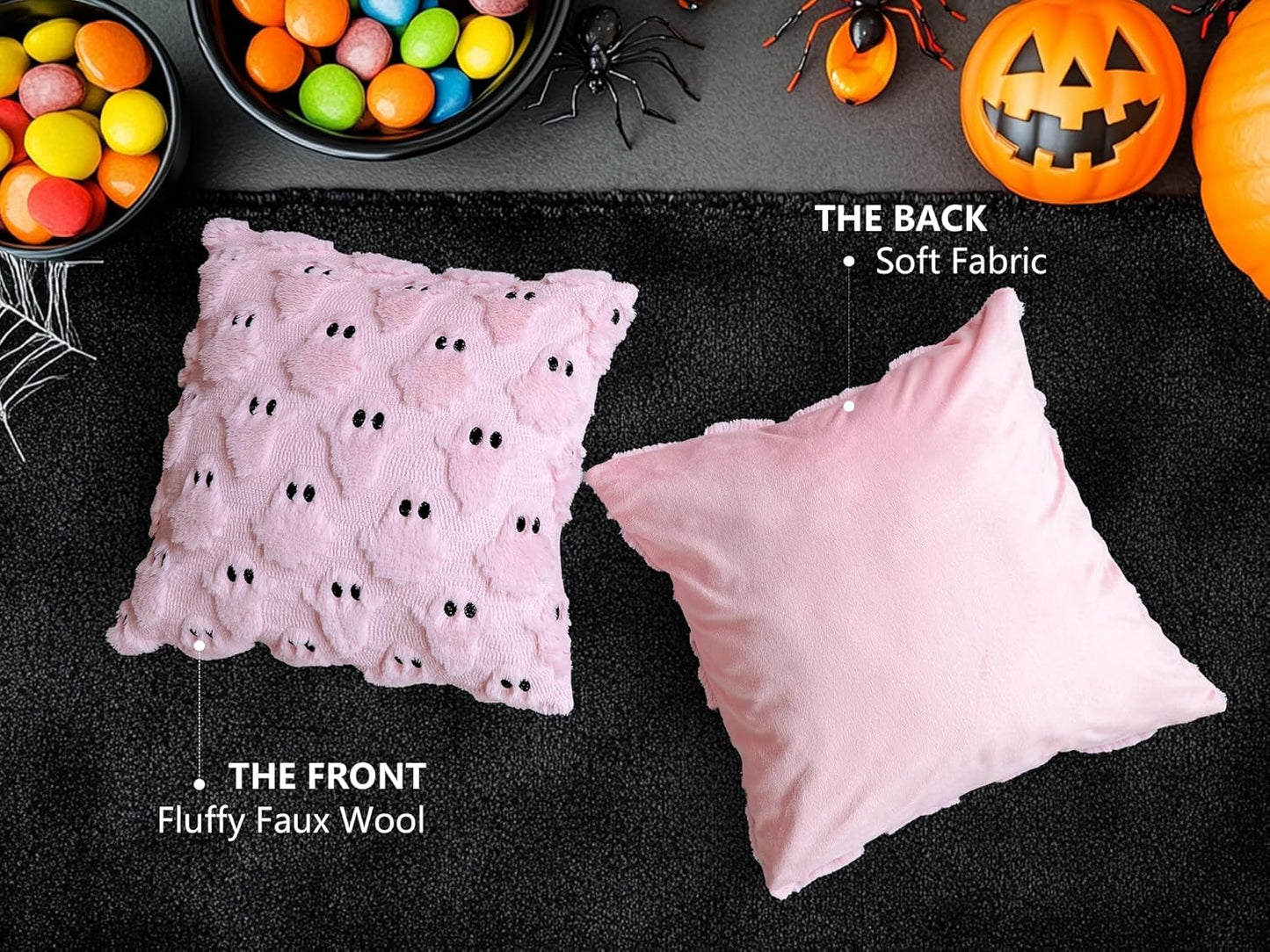 4TH Emotion Halloween Ghost Decorative Pillow Covers 18x18 Set of 2, Pink Soft Plush Faux Fur Farmhouse Throw Cushion Cases for Fall Autumn Holiday Home Decorations