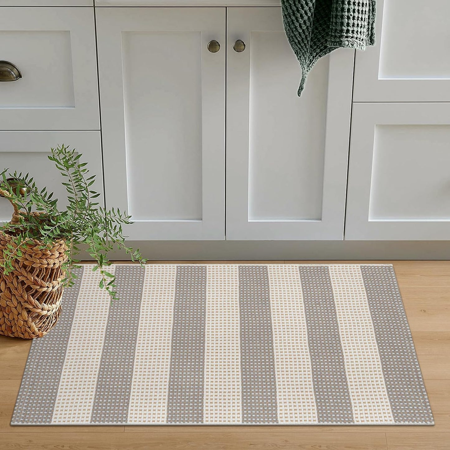OJIA Fall Front Door Mat Outdoor Entrance 24"x36", Machine Washable Porch Rug Indoor Outdoor Rugs Halloween Doormat Cotton Woven Entryway Rug Striped Small Area Rugs for Kitchen (Gray/White/Tan)