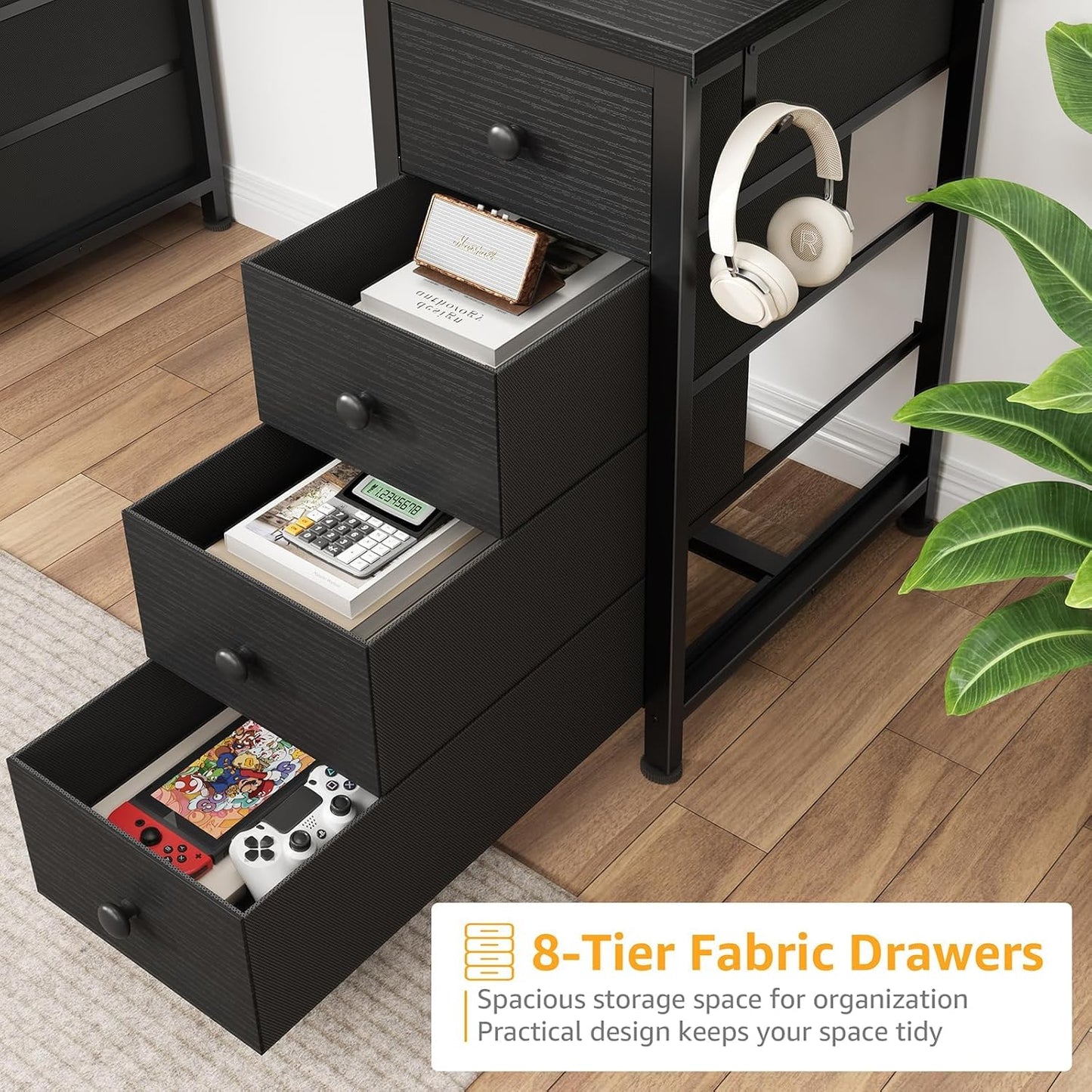 Black Desk with Fabric Drawers on Both Sides, 47 Inch Black Gaming Desk Home Office Computer Study Writing Work PC Desks with 8 Storage Fabric Drawers for Bedroom