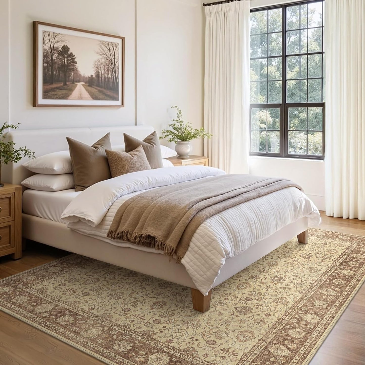 8X10 Area Rugs Machine Washable Rugs for Living Room, Vintage Boho Large Rugs for Bedroom Dining Room, Non Slip Indoor Soft Distressed Lightweight Thin Low Pile Carpet, Light Brown