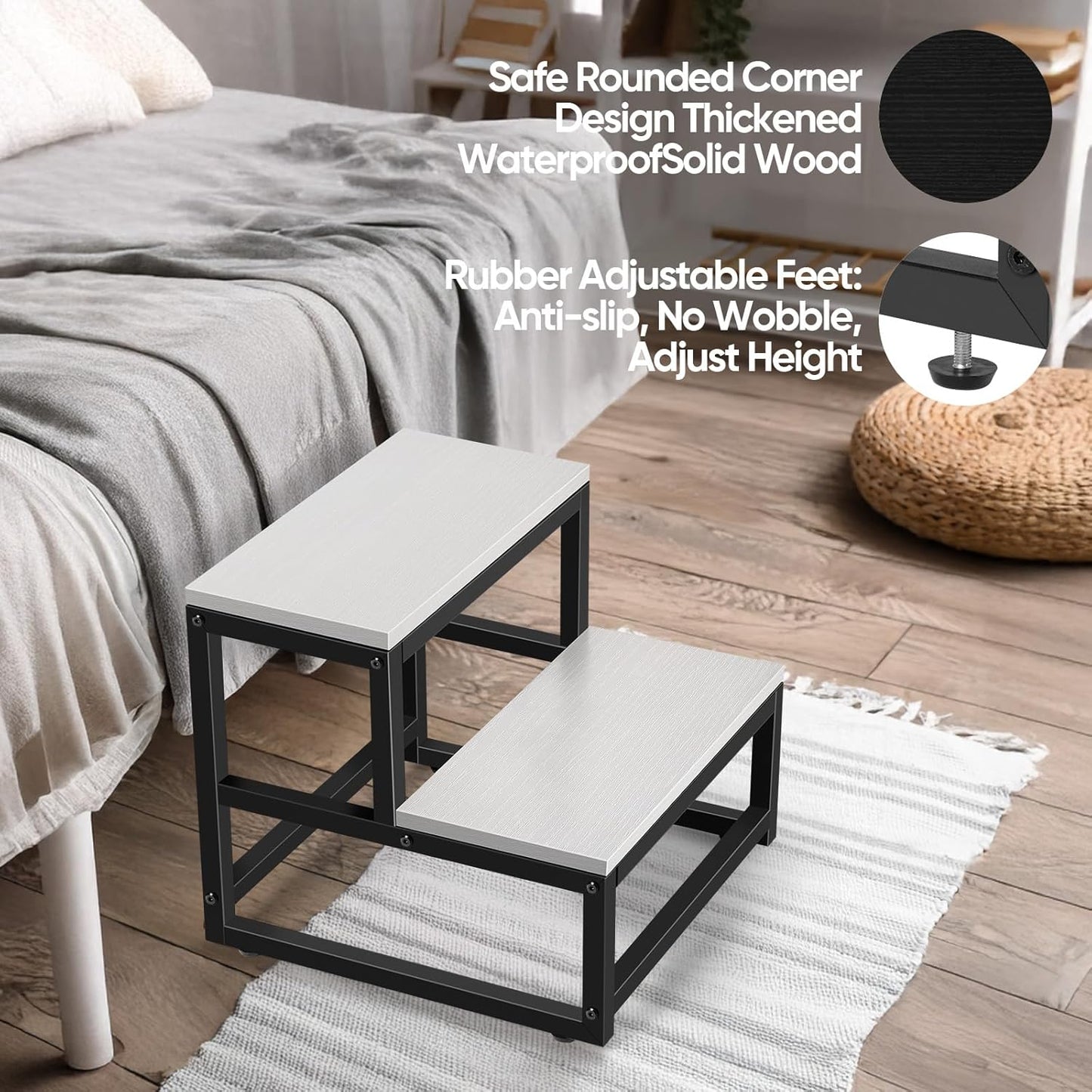 Wood and Metal 2 Step Stool for Adults & Kids – Heavy Duty Rustic Step Stools, 500 Lbs Capacity Non-Slip Stepping Stool for High Beds, Kitchen, Bathroom, Closet, Durable Foot Stool for Home Use,White