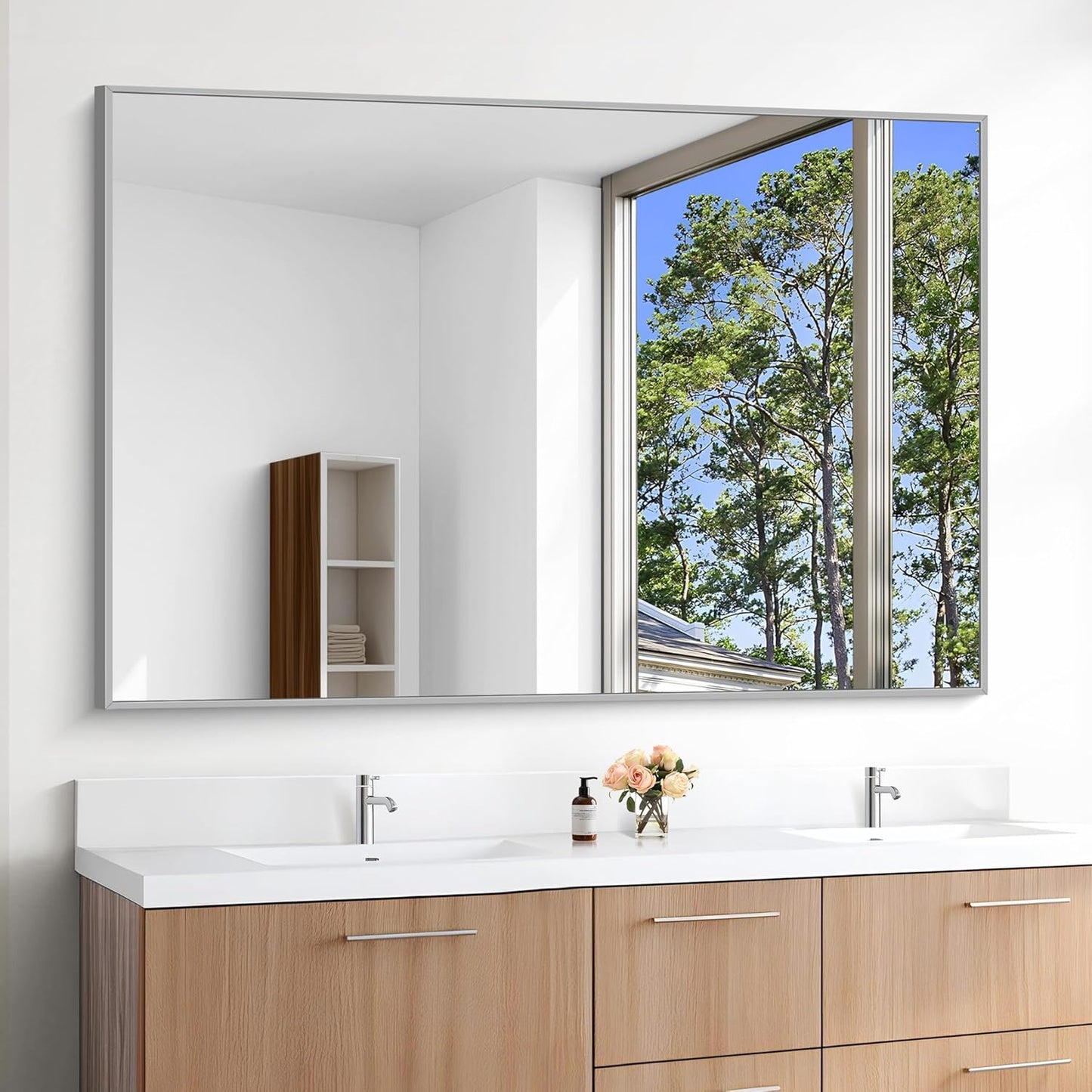 KOCUUY Large Silver Bathroom Mirror, 55x36 inch Rectangular Mirror for Bathroom Sink, Oversized Mirror with Metal Brushed Nickel Frame for Living Room, Farmhouse, Entryway, Hang Horizontal/Vertical