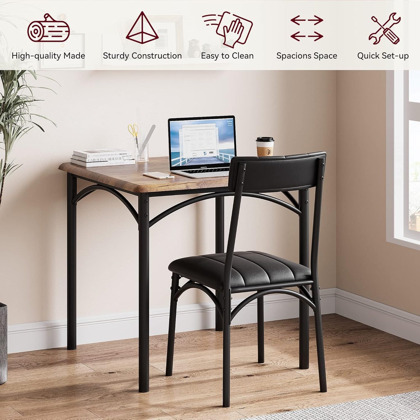 GarveeHome Dining Table Set for 2, Kitchen Table with 2 Upholstered Chairs, Wood Square Dining Table and Chairs Set for Small Space, Apartment, Dinner, Rustic Brown