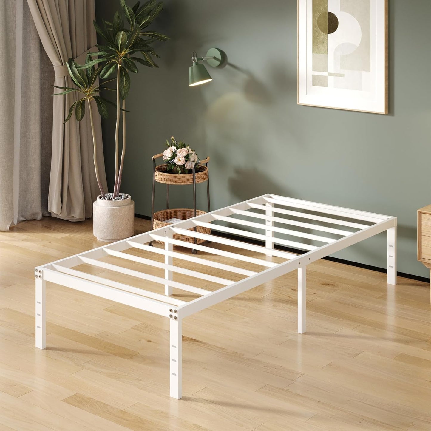 16 Inch White Twin XL Bed Frames, Metal Platform Twin XL Bed Frame with High Storage, Eassy Assembly 2,500 lbs Heavy Duty Bedframes