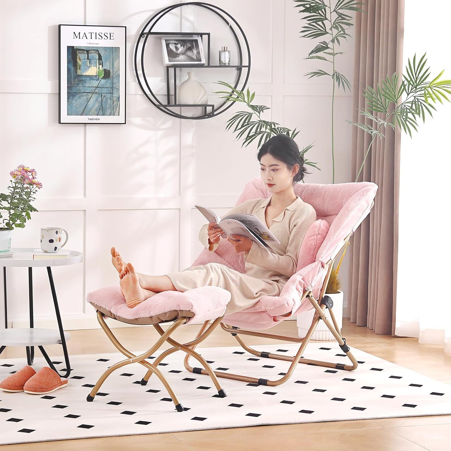 Comfy Saucer Chair with Ottoman, Oversized Folding Faux Fur Chair Soft Furry Lounge Lazy Chair with Metal Frame Moon Chair Accent Chair for Bedroom, Living Room, Dorm Rooms