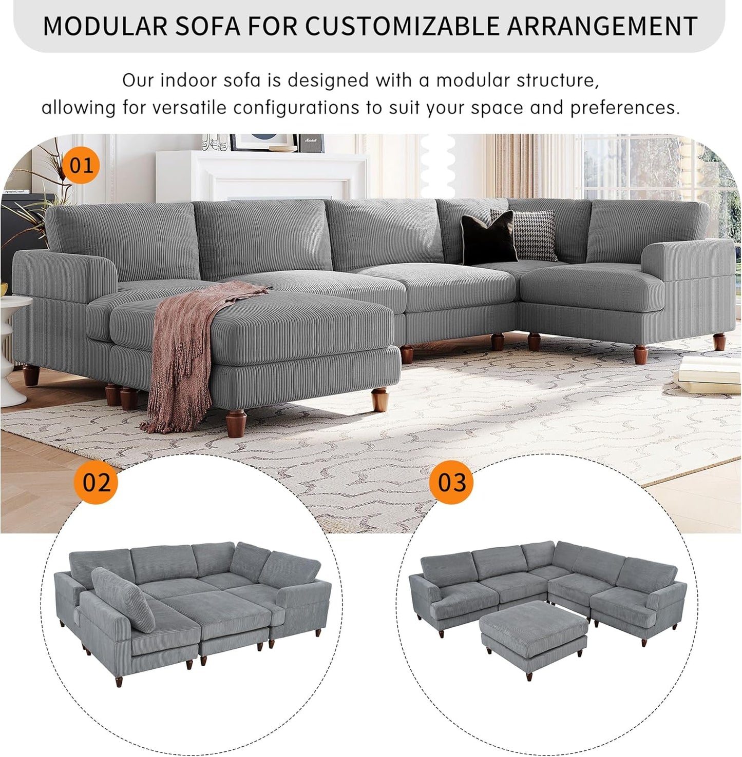 97.2 Inch L Shaped Modular Sectional Sofa with Movable Ottoman, 6-Seater Oversized Upholstered Combination Corner Couch for Living Room Office Spacious Space Furniture Sets, Gray