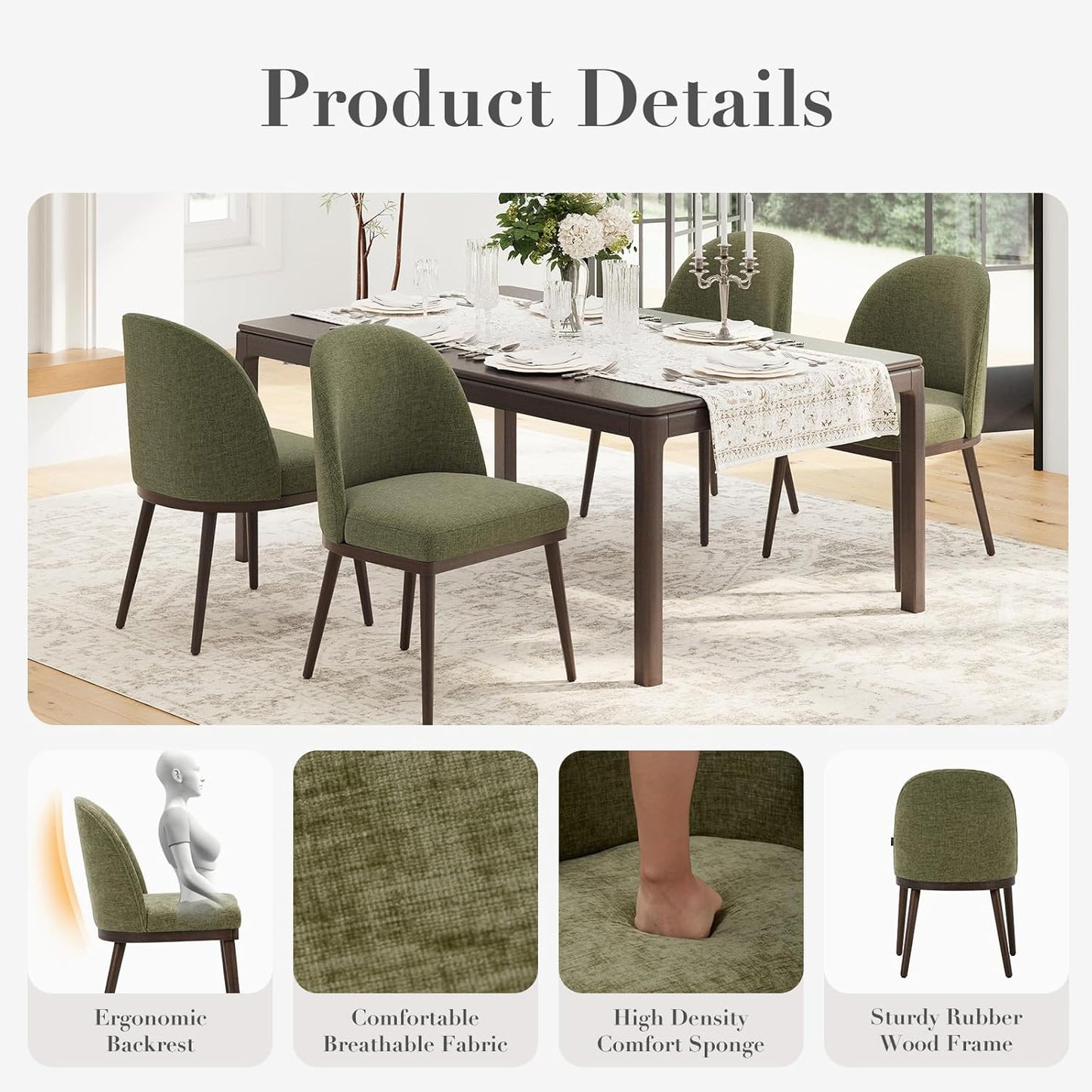 COLAMY Upholstered Dining Chairs Set of 6, Large Dining Room Kitchen Chairs with High Back and Deep Seat, Modern Fabric Dinner Chairs with Wood Legs, Green