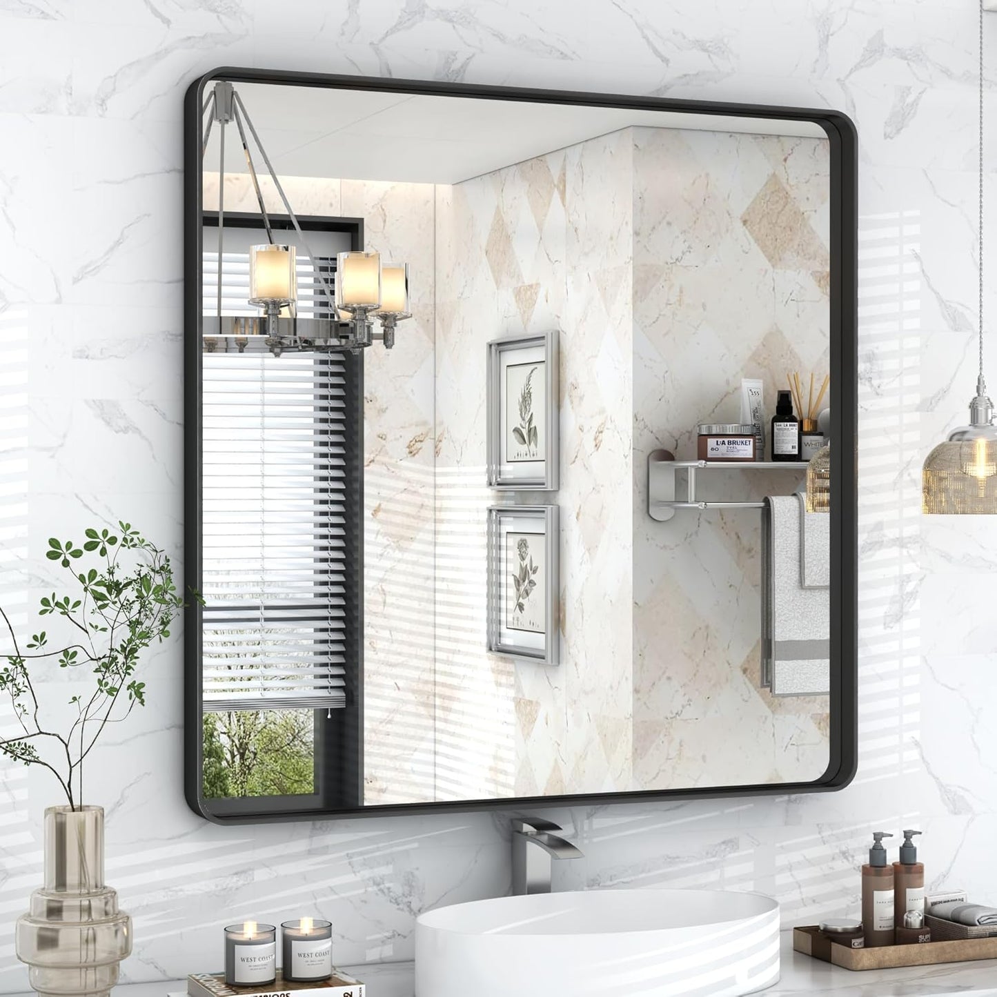 36x36 Inch Square Black Framed Bathroom Mirror for Wall, Matte Framed Bathroom Vanirty Mirror, Rounded Corners Rectangle Mirror, Tempered Glass, Anti-Rust