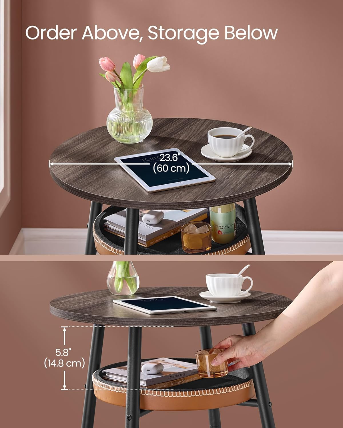 VASAGLE EKHO Collection - Bar Table with Storage, Round High Pub Table, Synthetic Leather with Stitching, Mid-Century Modern, Kitchen Home Bar, Living Room, Easy Assembly, Ash Brown and Caramel Brown