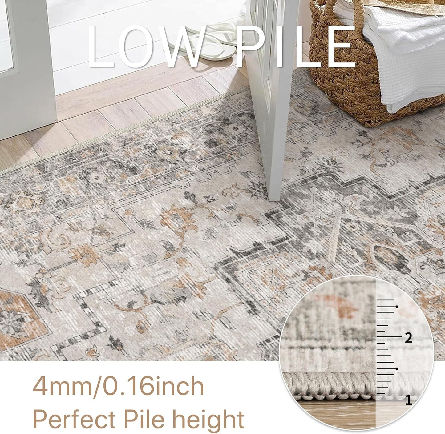 GENIMO 5FT Round Area Rugs for Living Room, Circle Rugs Machine Washable Low Pile, Chenille Non Slip Vintage Rug for Bedroom, Dining Room, Home Office, Light Taupe Brown