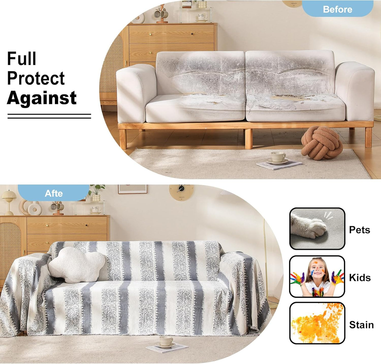 Boho Couch Cover, Sofa Covers for 3 Cushion Couch, Couch Cover for Dogs Washable Sectional Couch Covers L Shape Furniture Protecto (1# Grey, 71" x 134")