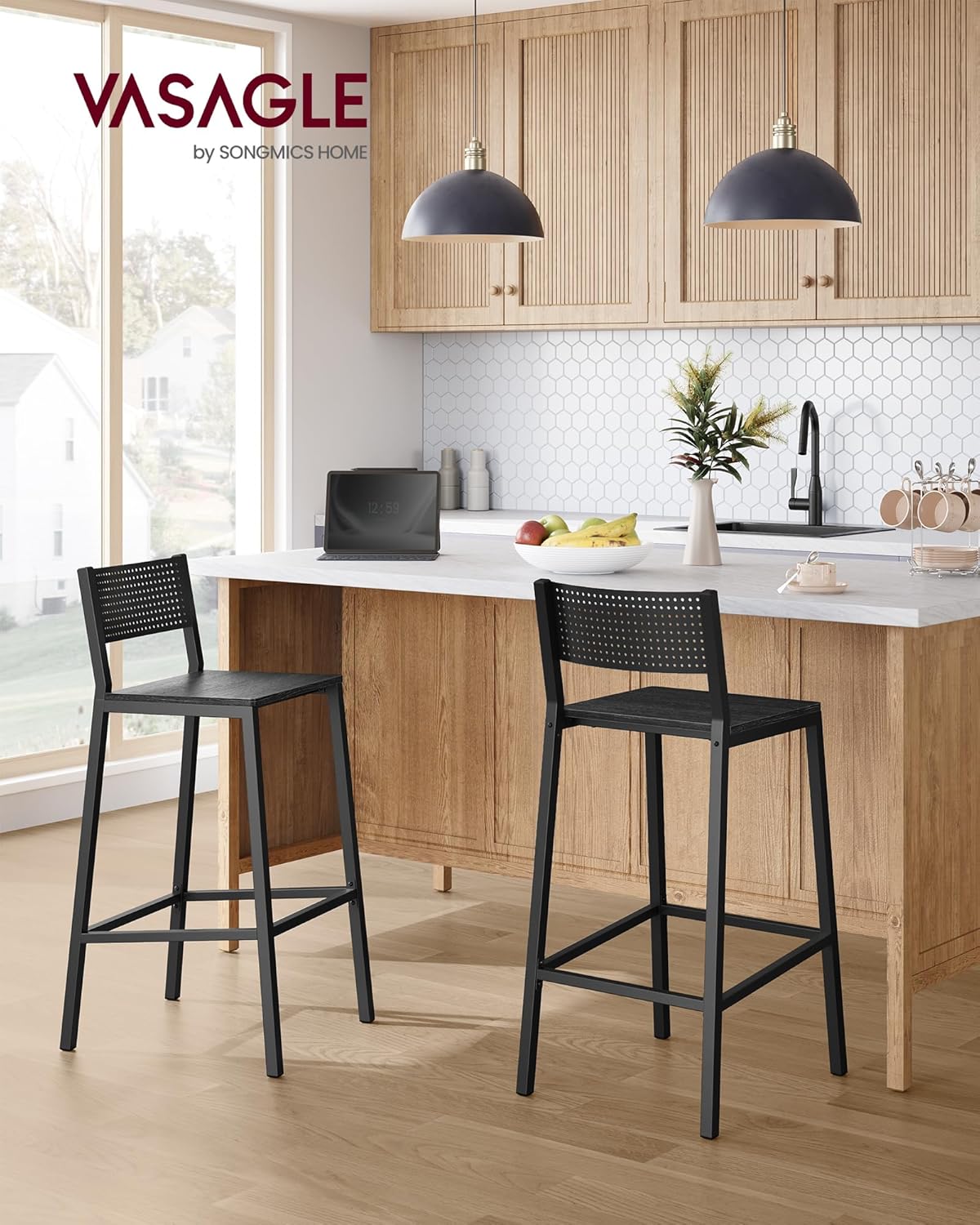 VASAGLE Bar Stool Set of 2, Bar Chairs for Kitchen, Dining Room, Industrial, Charcoal Gray and Black ULBC070B22