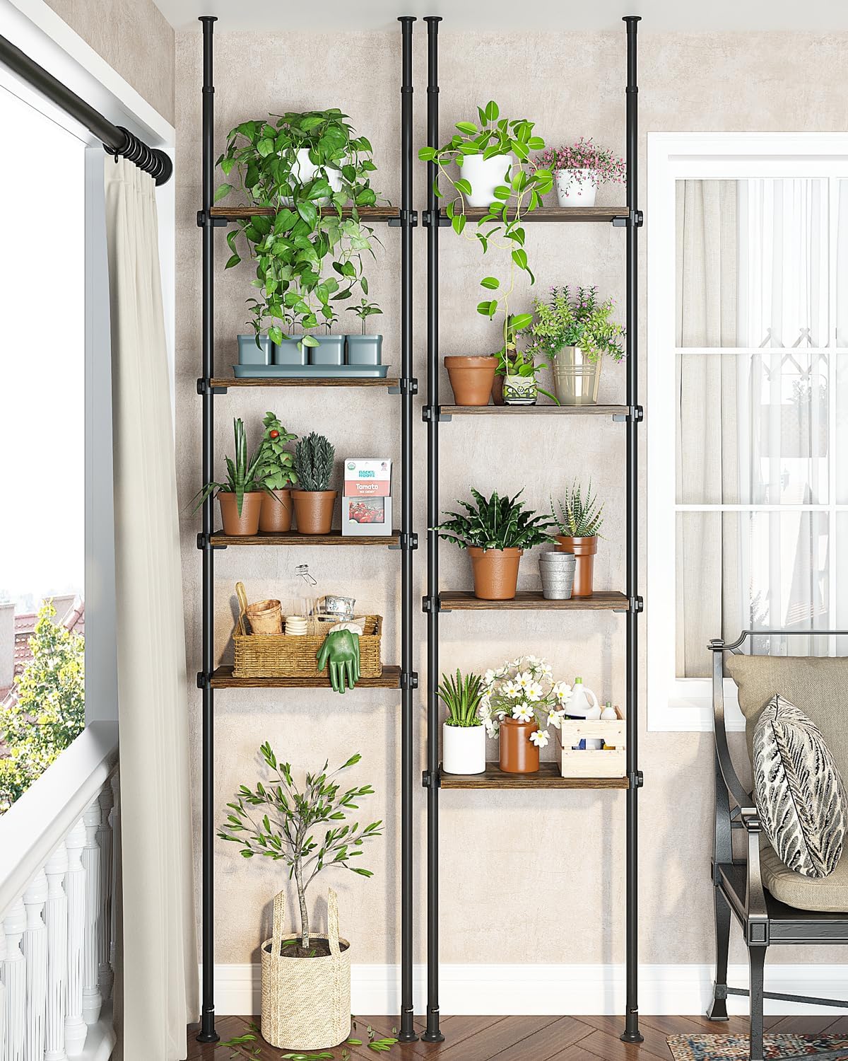 ALLZONE Adjustable Tall Narrow Bookshelf for Bedroom, 4-Tier Ladder Bookcase for Small Spaces, Tension Mount Tall Skinny Book Shelf with Open Storage, 64 to 113Inch Height