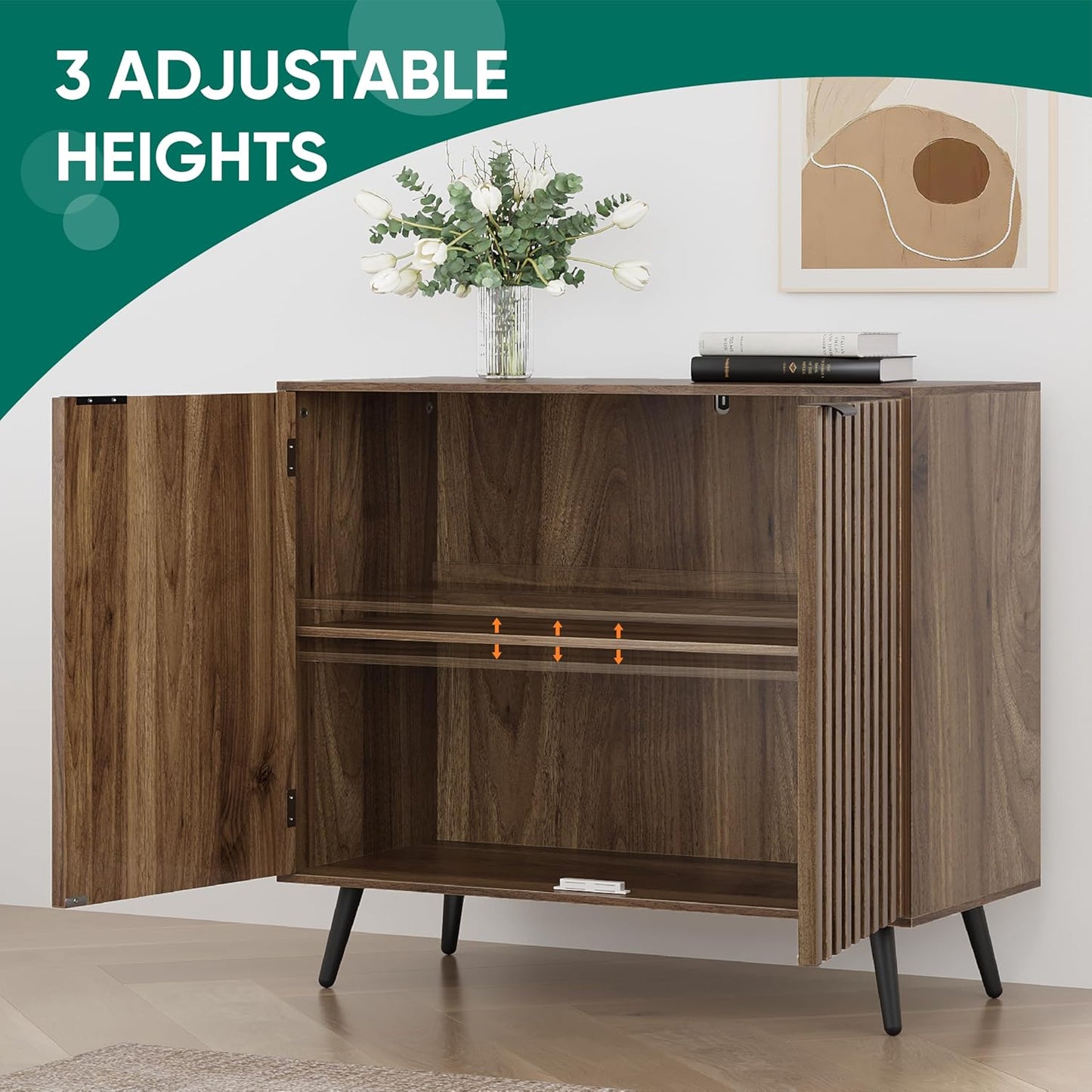 Smuxee Fluted Sideboard Cabinet, Freestanding Walnut Buffet Cabinet with Adjustable Shelf, Wood Storage Cabinet for Living Room, Entryway, Hallway