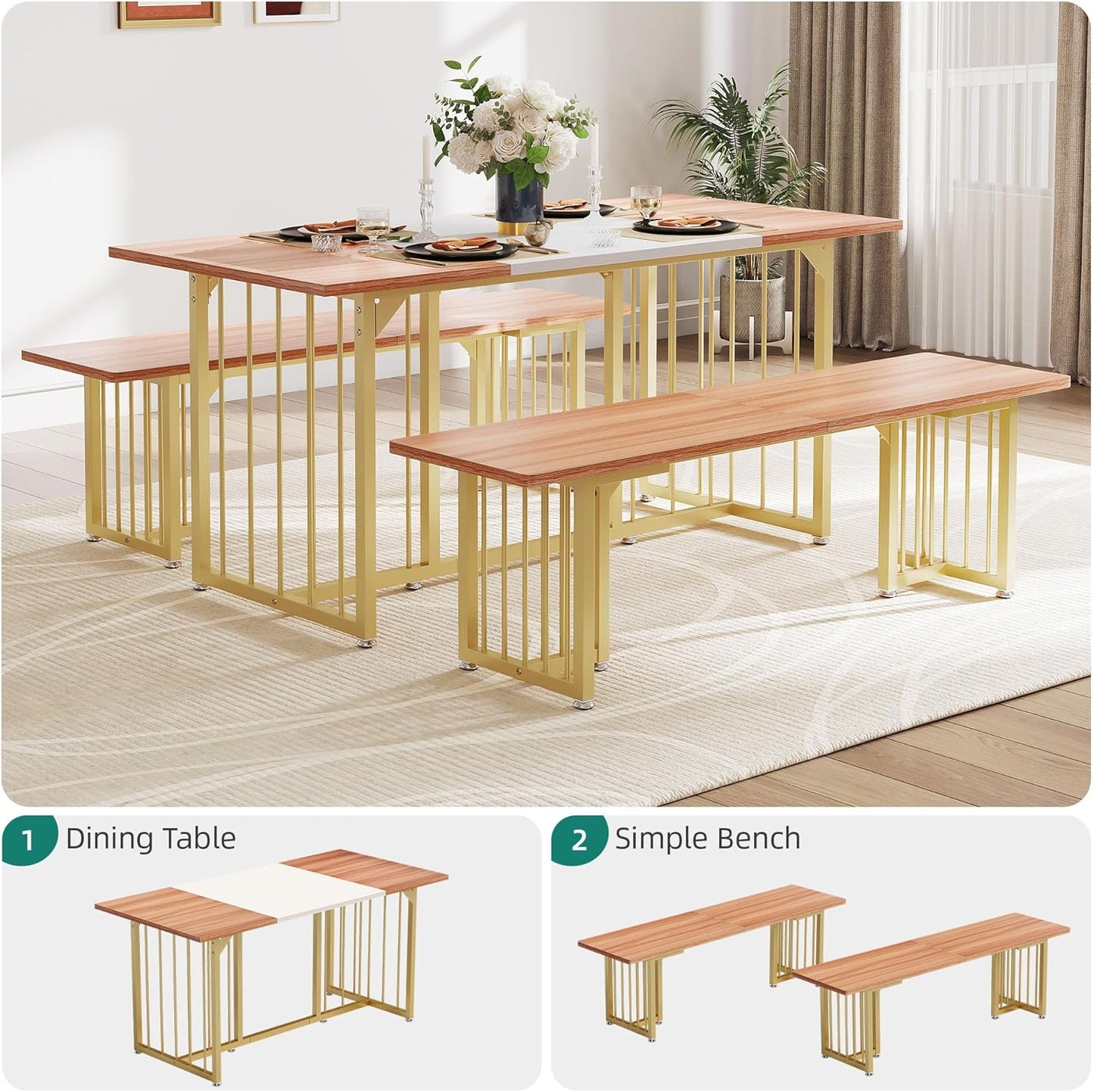 DWVO 3-Piece Dining Table Set for 6-8 People 63" Kitchen Table with 2 Benches Rectangular Farmhouse Dining Room Table Set for Home Kitchen Restaurant Apartment Walnut