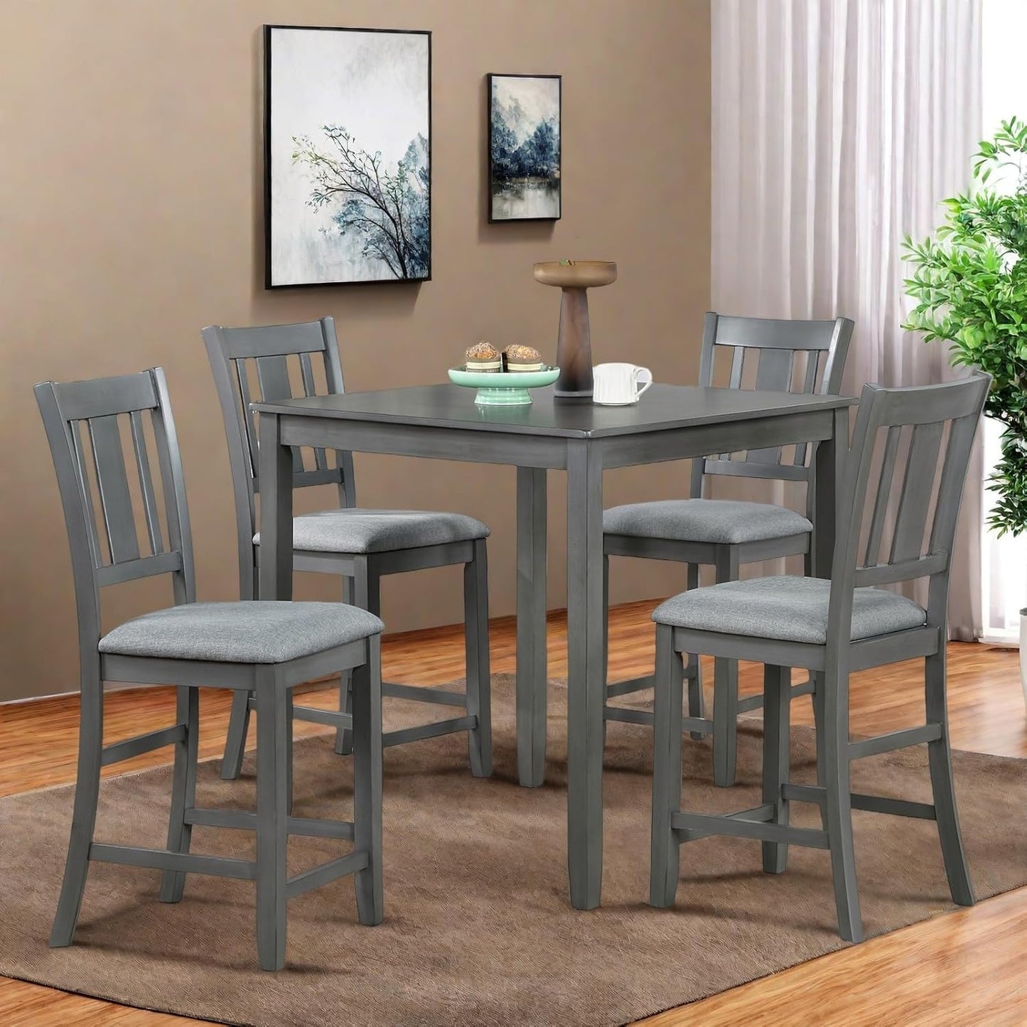 Dining Table Set for 4, Modern 5 Piece Dining Room Table Set with Square Table & 4 Slatted Backrest Upholstered Chairs, Counter Height Kitchen Chairs Set for Small Space, Gray
