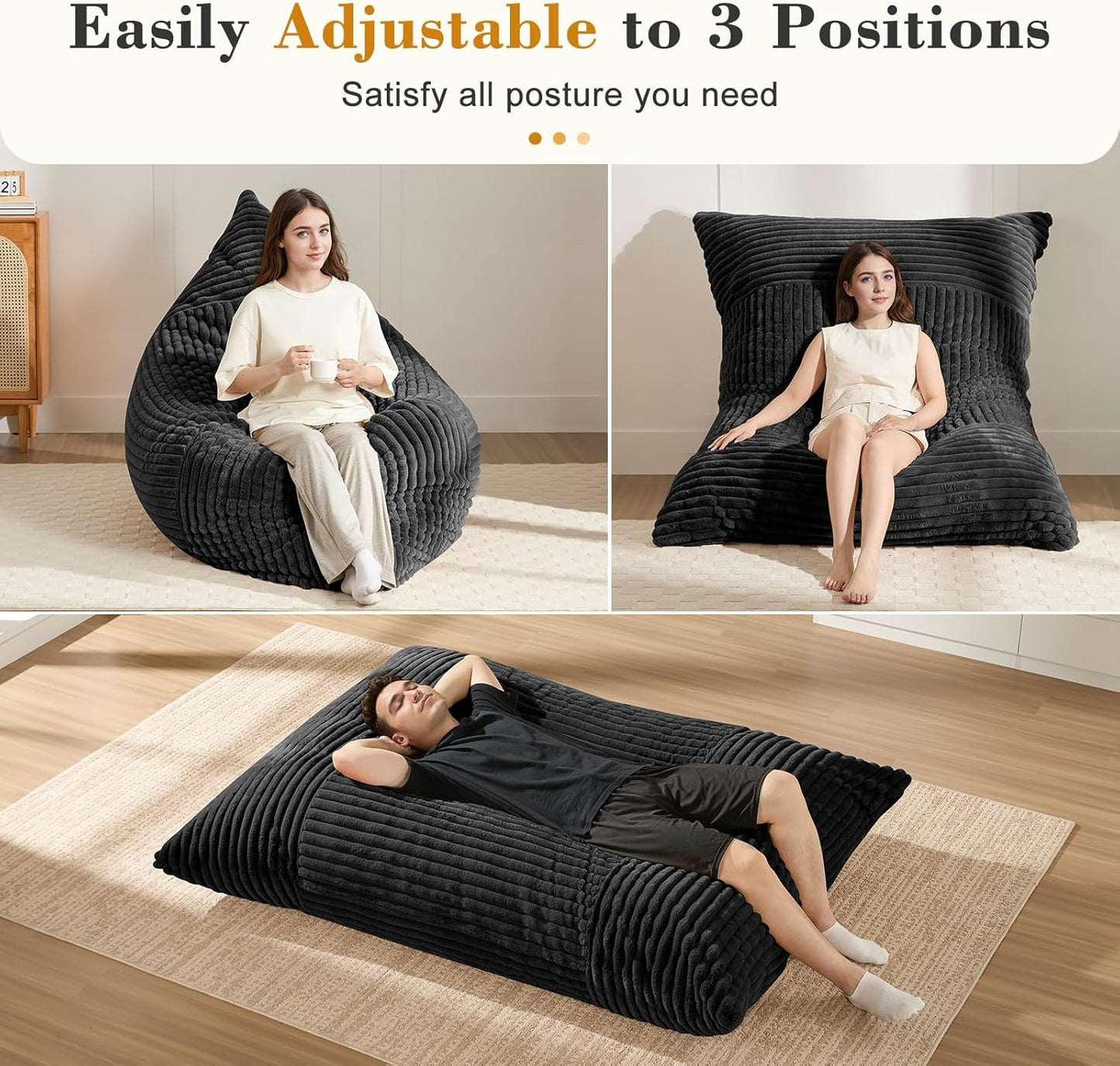 3-in-1 Giant Bean Bag Chair for Adults & Kid, Convertible Floor Sofa to Mattress, High-Density Foam Chair Bed with Washable Cover, Multi Functional Lounge Couch for Bedroom, Living Room (Black)