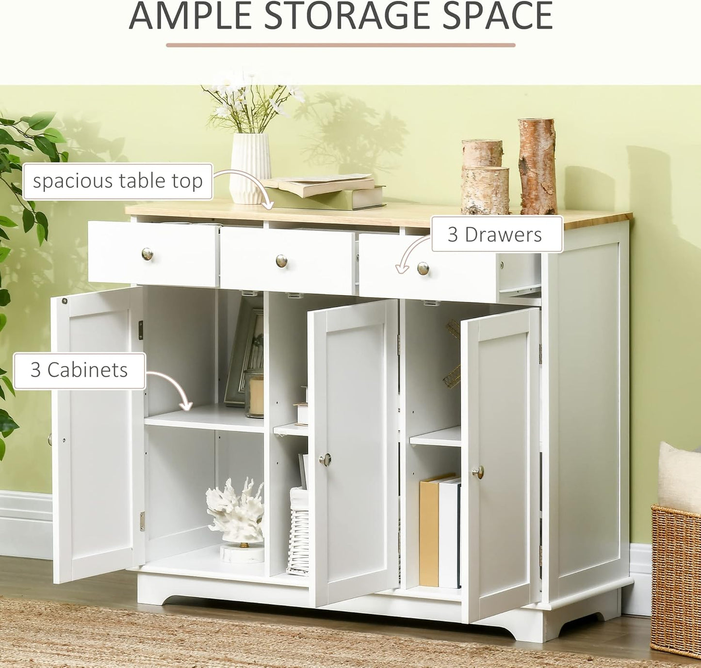 HOMCOM Sideboard with Solid Wood Countertop, Modern Kitchen Storage Cabinet, Coffee Bar Cabinet with 3 Drawers, Doors and Adjustable Shelf, White