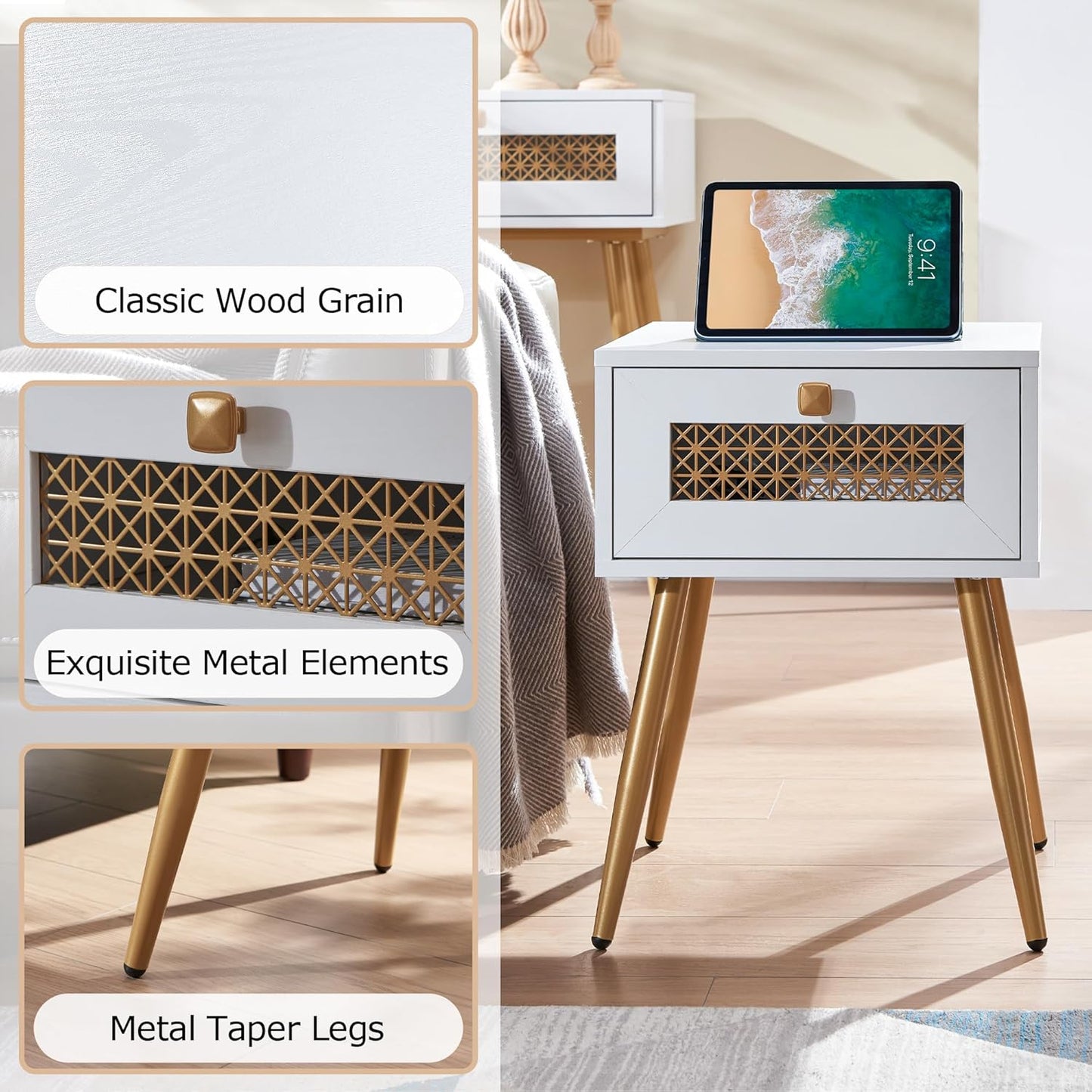 Modern Style Side Table, End Table with Drawer for Living Room, Square Wooden Small Nightstand, White