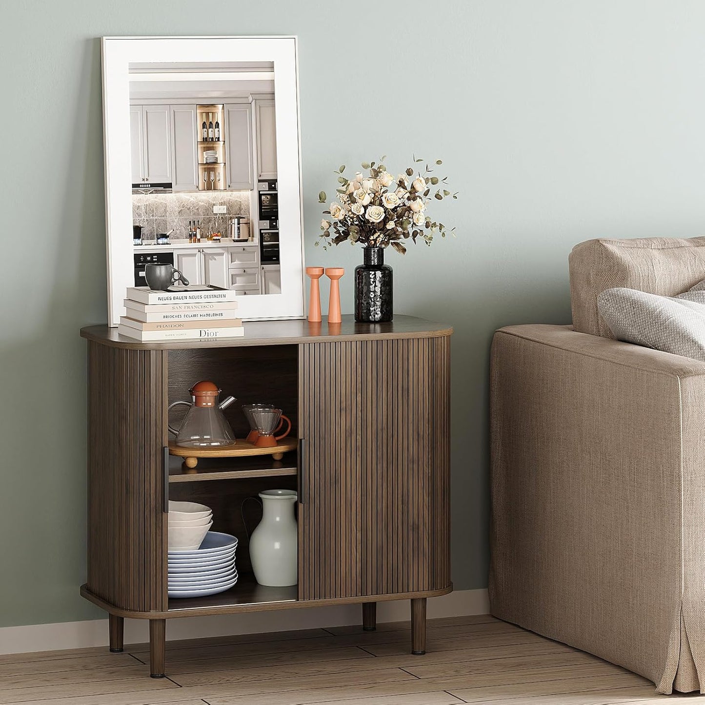 31.5" Sideboard Buffet Cabinet with Storage, Modern Walnut Accent Cabinet with Sliding Doors & Adjustable Feet, Small Credenza for Kitchen, Entryway, Living Room (Walnut, 15.8"D x 31.5"W x 29.5"H)