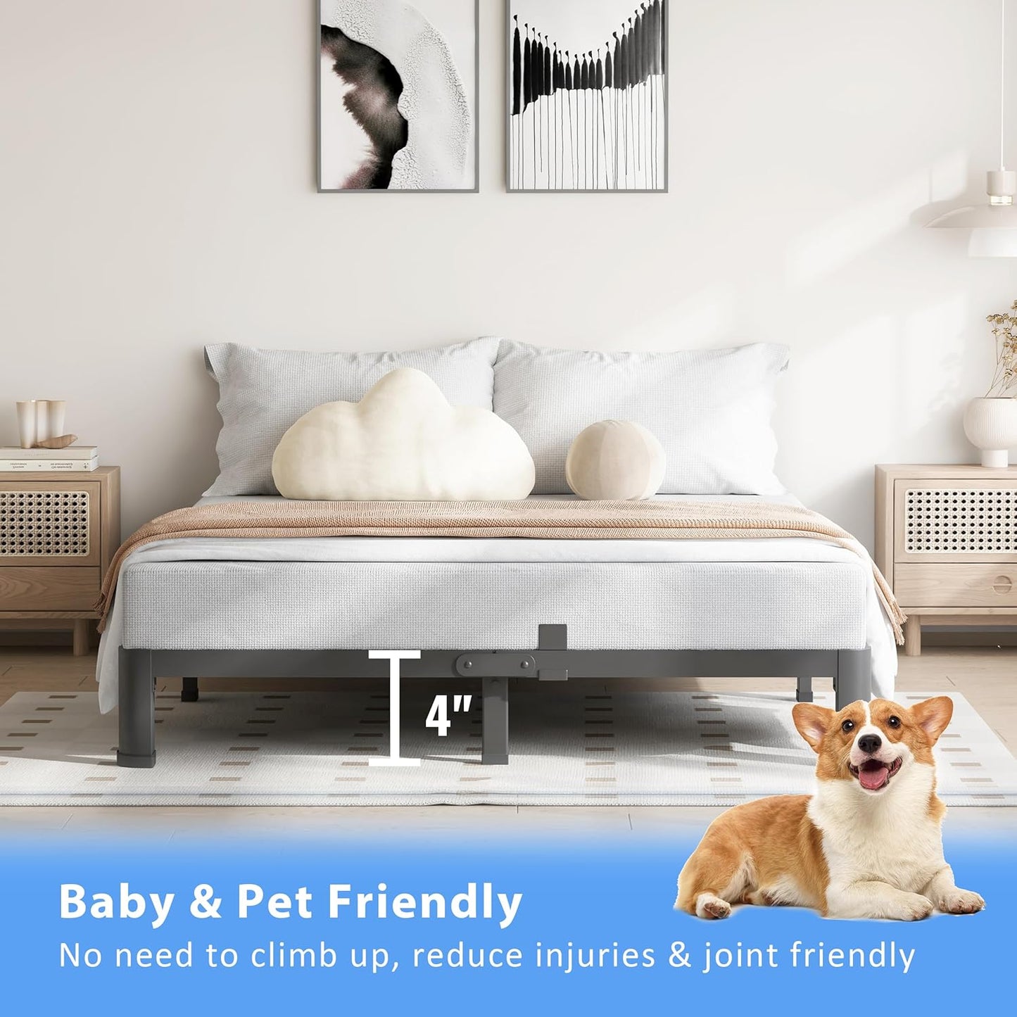 4 Inch King Size Bed Frame, 3500Lbs Heavy Duty Metal Platform with Round Corner Legs Mattress Slide Stopper, Steel Slat Support No Box Spring Needed, Noise Free, Non-Slip, Easy Assembly