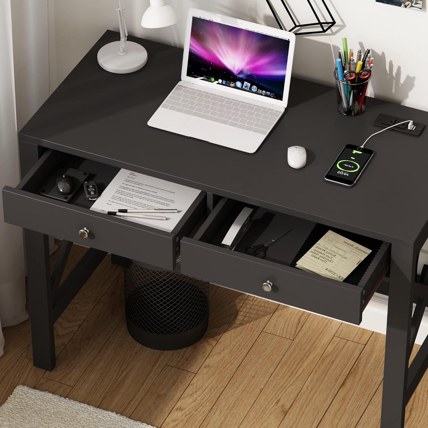 ChooChoo Computer Desk with USB Charging Ports and Power Outlets, 39" Black Desk with Drawers, Small Study Writing Table with Stable X Frame for Home Office