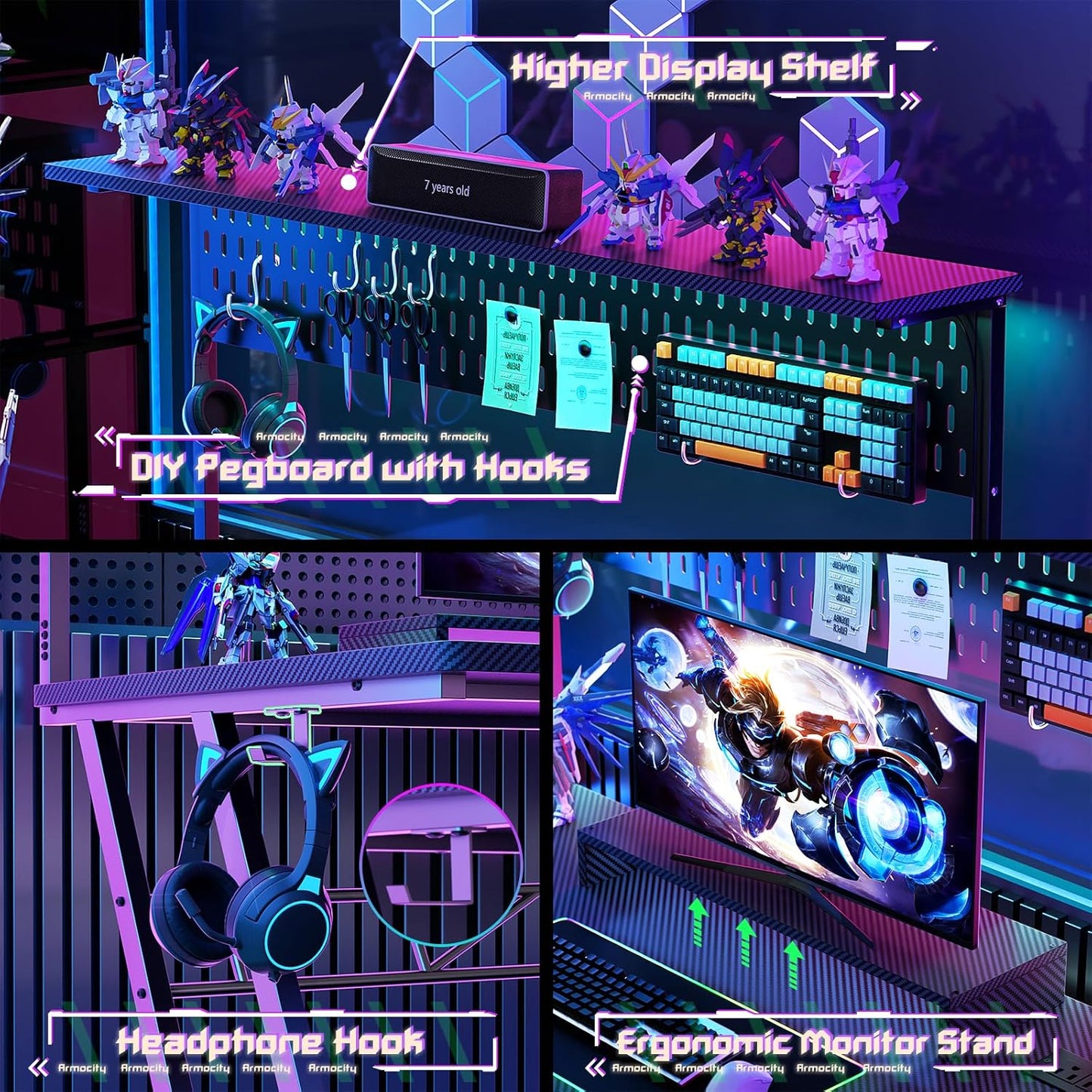 Armocity Gaming Computer Desk with Hutch and LED Lights, 53'' Black Gaming Desk with Storage Shelves, Reversible PC Gamer Desks with Pegboard, Ergonomic Desk for Bedroom, Carbon Fiber Surface