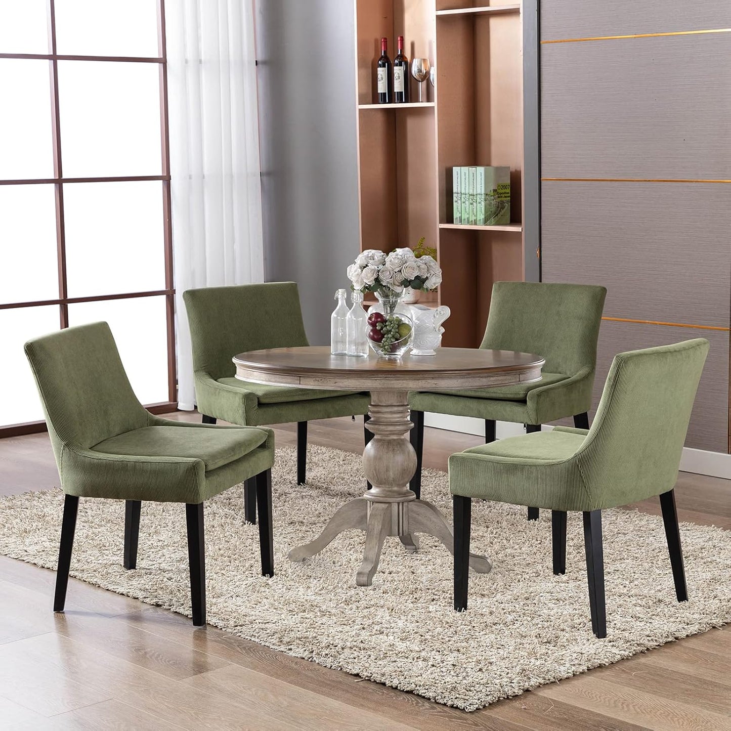 COLAMY Modern Dining Chairs Set of 6, Upholstered Corduroy Accent Side Chairs with Mid Back and Wood Legs for Living Room/Dining Room- Light Green