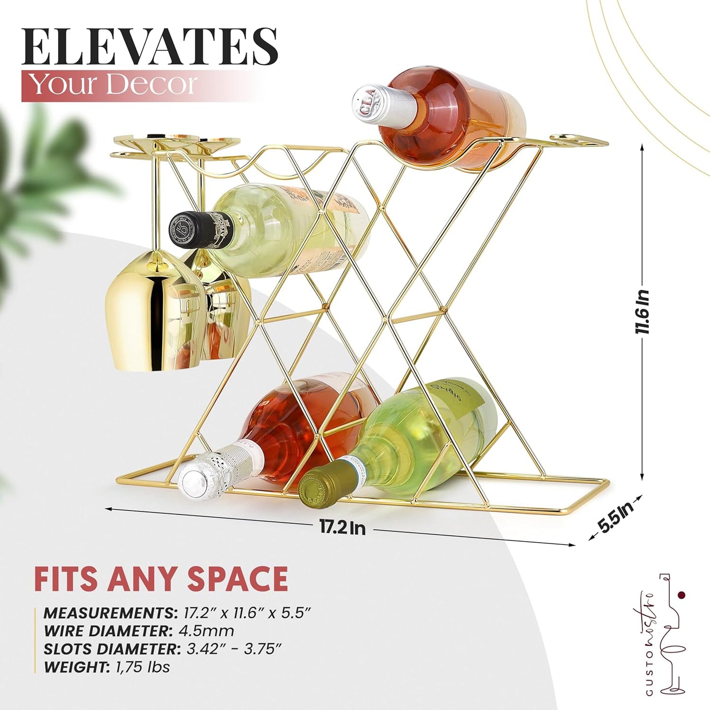 Gusto Nostro Countertop Wine Rack with Glass Holder for 8 Bottles & 4 Glasses - Tabletop Modern Small Wine Rack for Home Kitchen Cabinet Wine Cellar Storage - No Assembly Wine Bottle Holder (Gold)