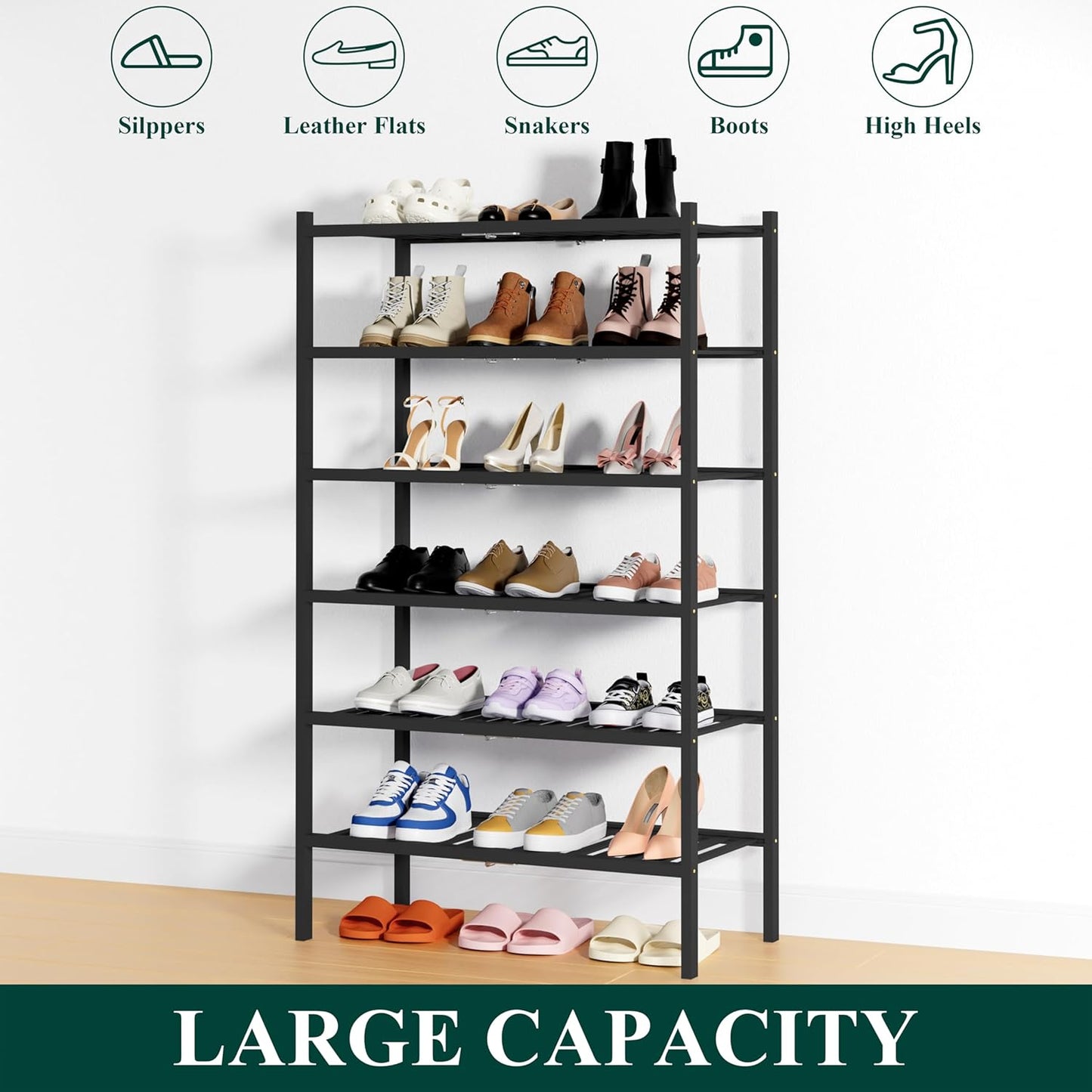 Smiry Shoe Rack, 6 Tier Thick Bamboo Shoe Organizer, Stackable Free Standing Wooden Shoe Storage Shelf for Closet, Entryway, Front Door Entrance, Black