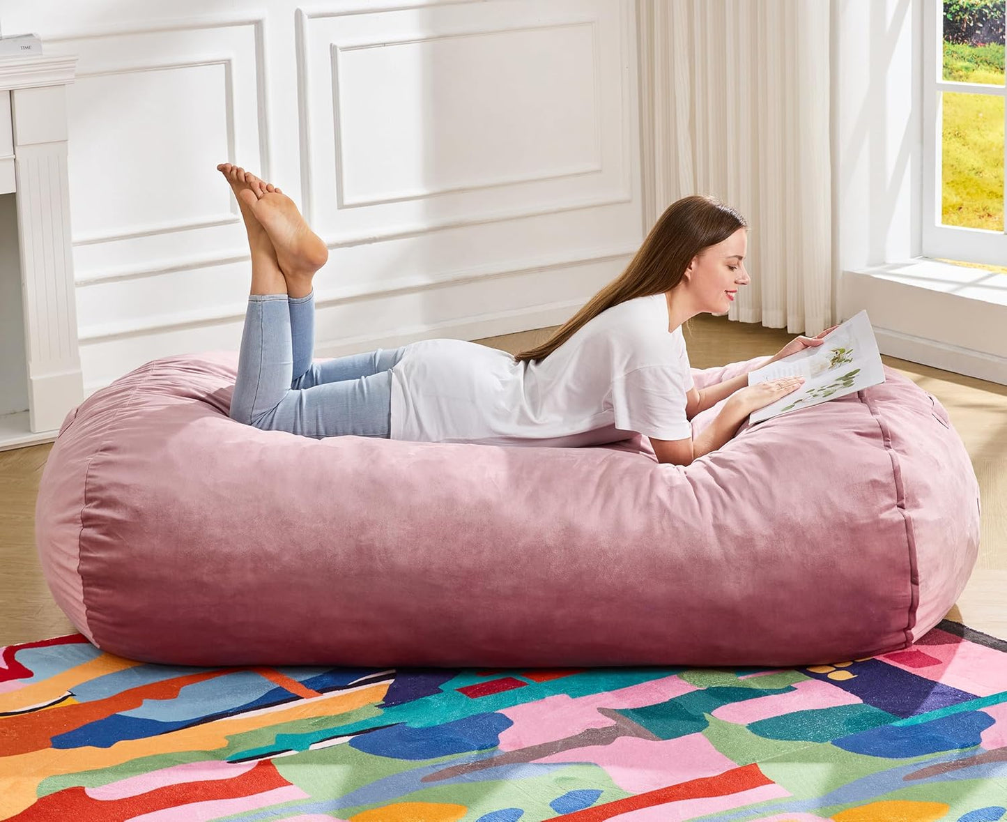 Hobestluk 5FT Bean Bag Chair Large Beanbag Lounger with Removable Cover Adult Bean Bag Chair with Portable Handle Desgin for Living Room Bedroom (Pink, 5FT)